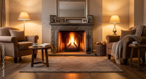 Cozy living room interior with a warm fireplace and comfortable armchairs