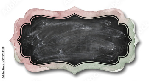 Ornate chalkboard label frame with smudged white chalk dust, featuring a decorative border with soft watercolor textures in muted pink and sage green tones on a white background