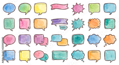 Collection of hand-drawn watercolor speech bubbles, thought clouds, and banners in various shapes and pastel colors with ink outlines on a white background