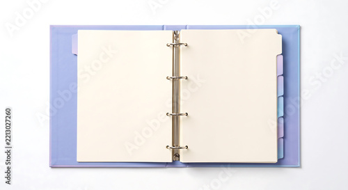 Open light purple three-ring binder with blank cream-colored pages and colorful index tabs, isolated on a white background