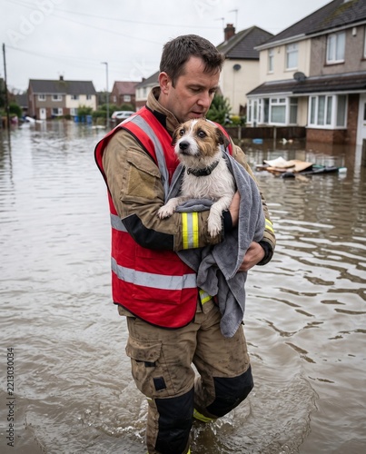 Emergency responder carrying a rescued dog through floodwater in a residential neighborhood, showing pet evacuation, flood rescue and disaster response
