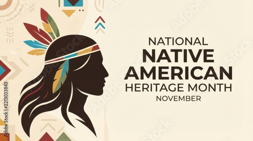 Native American heritage month illustration with silhouette profile and headdress
