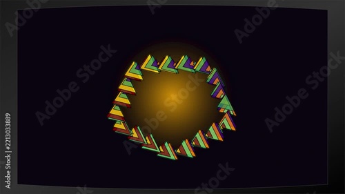 Colorful geometric triangles floating over a dark background with a
