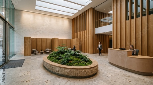Green atrium with copy space for responsible investment