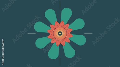 Animated floral mandala graphic rotating on a solid dark teal