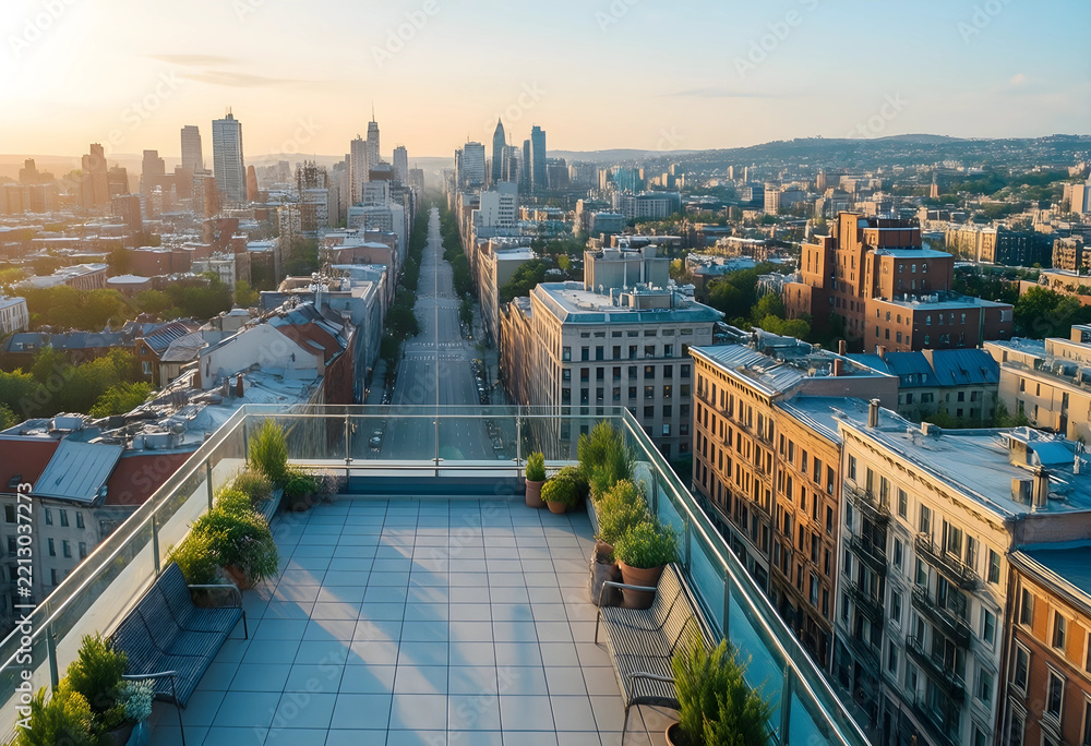 Fototapeta premium Urban living and city lifestyle, rooftop terrace overlooking a metropolitan skyline at sunset with modern architecture and residential buildings