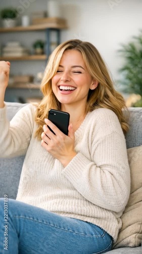 Happy woman laughing at smartphone