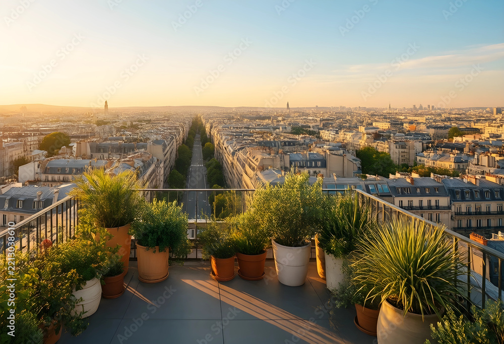 Fototapeta premium Urban lifestyle and city living, rooftop terrace with potted plants overlooking a sprawling metropolitan skyline at sunset with warm golden hour light