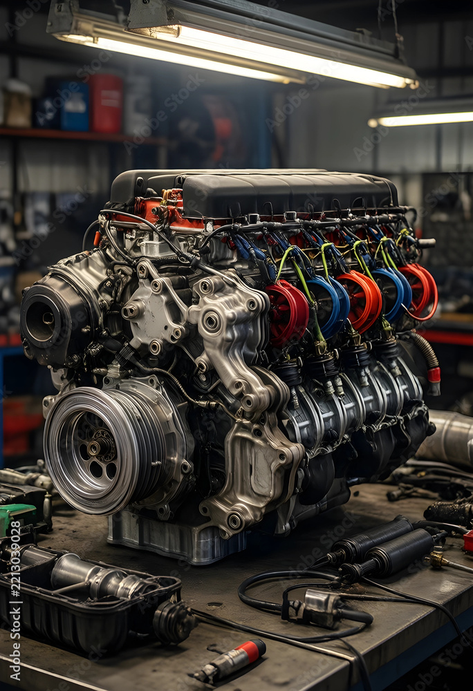 Fototapeta premium Automotive engineering and mechanical maintenance, high performance car engine repair in a professional workshop with specialized tools and equipment