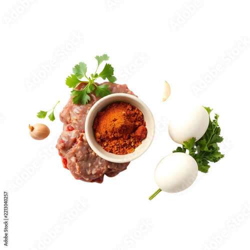 set of products for Traditional Moroccan kefta spiced ground meat skewers grilled with fresh herbs and spices.