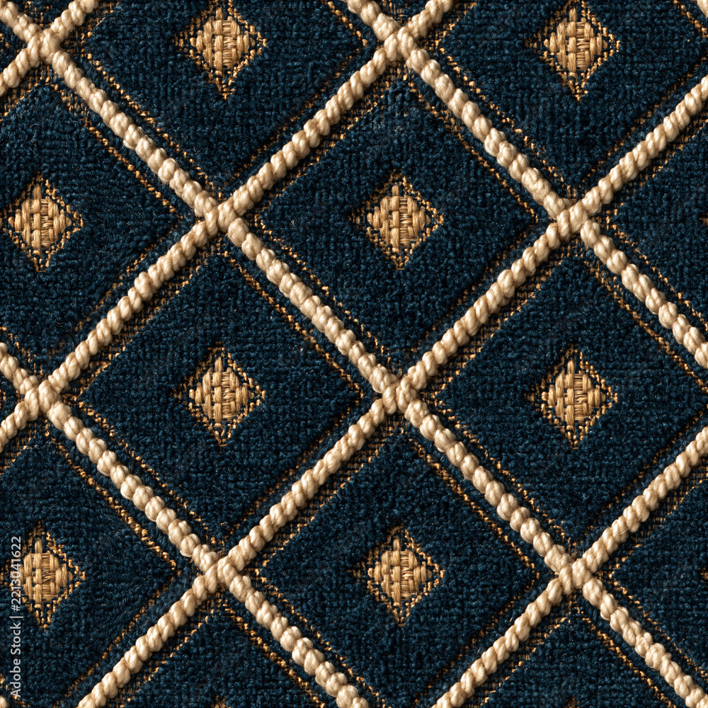 Fototapeta premium Seamless pattern blue fabric with beige rope like elements forming a repeating geometric diamond pattern, creating an elegant textile texture