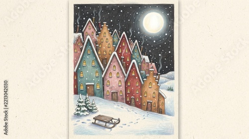 Christmas winter card with night town. Hand drawn colored pencil illustration.