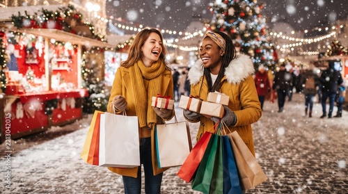 Two attractive multiethnic young women holding shopping bags and smiling.