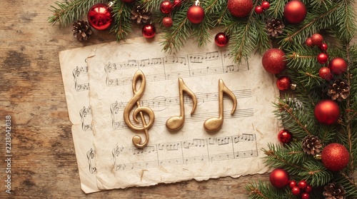 Christmas decorations on music sheets