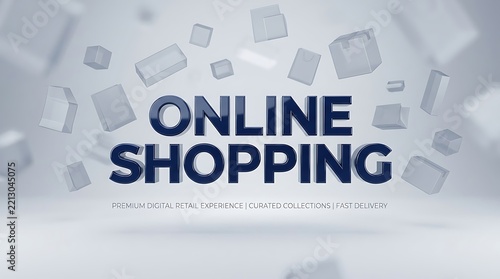 Cyber Monday online shopping text with floating delivery boxes