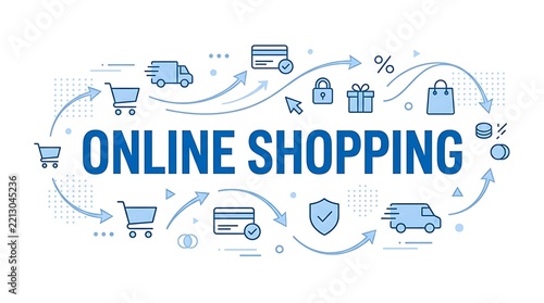 Cyber Monday online shopping banner with blue e-commerce icons