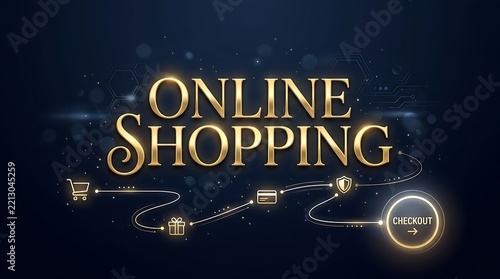 Cyber Monday online shopping banner with gold typography and checkout