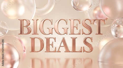 Cyber Monday Biggest Deals text with rose gold spheres and copy space