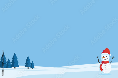 Snowman in snowy winter landscape with pine trees