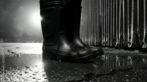 Black rubber boots standing on wet pavement in the rain
