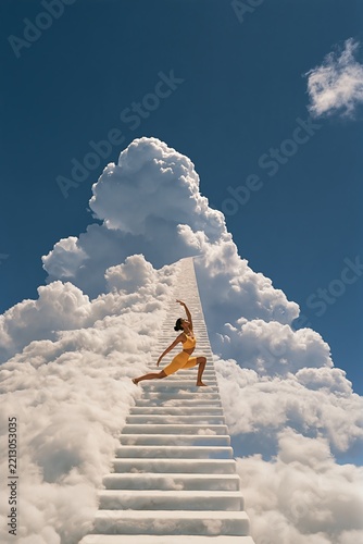 Woman in yellow dress climbing endless white staircase toward towering cumulus clouds under blue sky