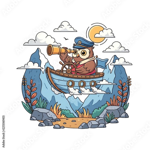 Wise Owl Captain Navigating Mountainous Waters with Telescope.
