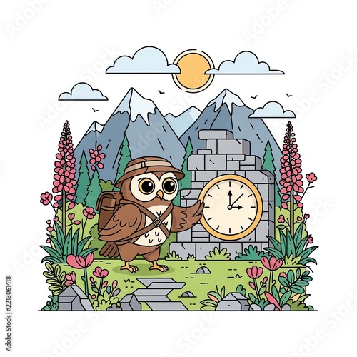 Wise Owl Explorer with Ancient Clock in Mountain Landscape.