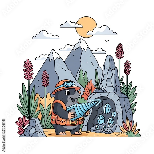Adorable Mole Miner with Drill in a Crystal Cave Landscape.
