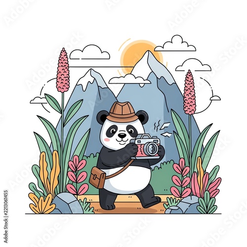 Adorable Panda Photographer Exploring Scenic Mountain Landscape.