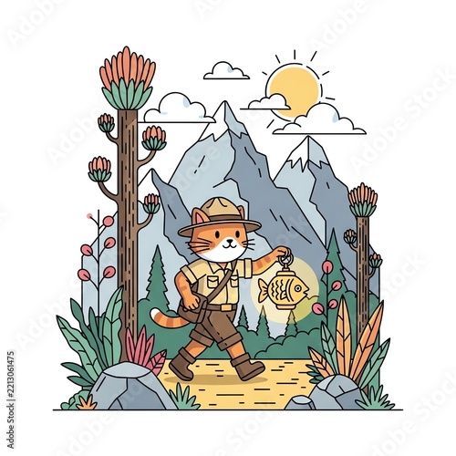 Adventure Cat Exploring Mountains with Lantern.