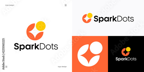 Spark dots simple logo design, creative agency, technology and startup innovation concept, Abstract circular shape with glowing spark and dots icon, vector graphic.