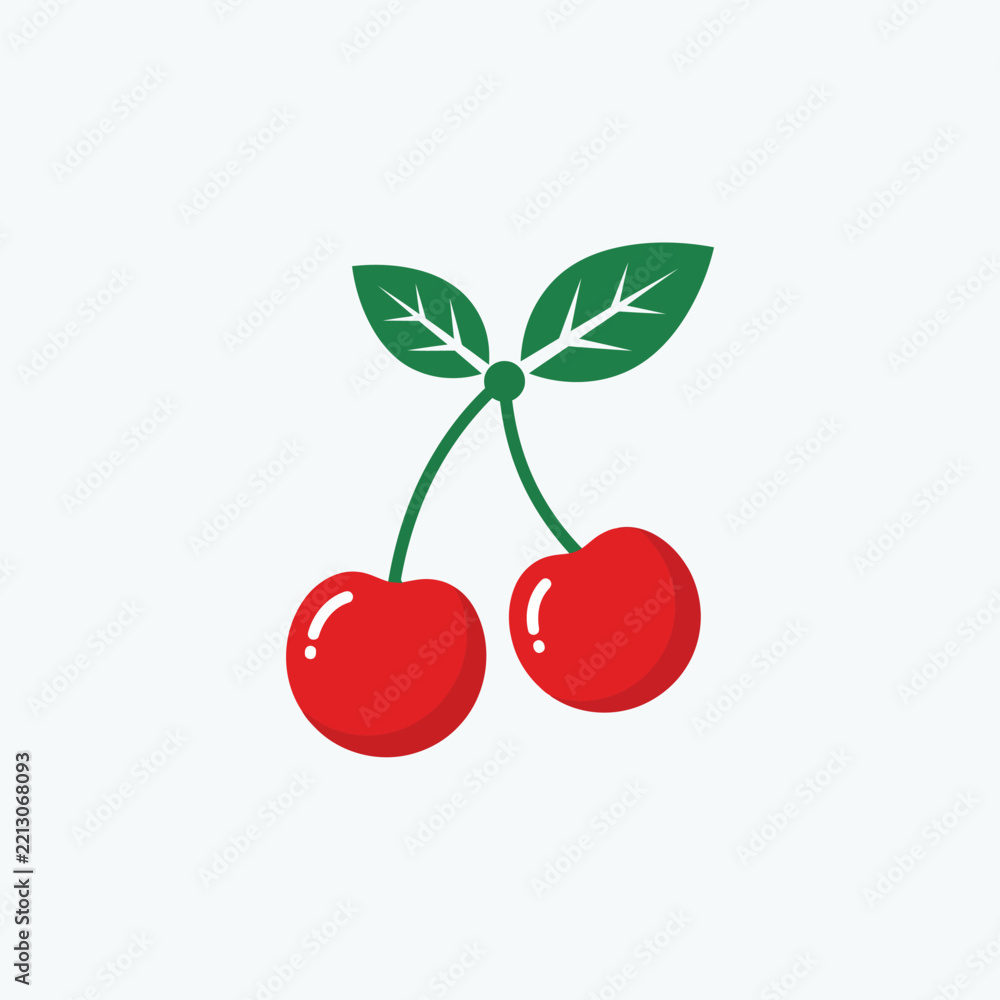 Obraz premium A vector illustration of two ripe red cherries with green leaves on a white background, representing fresh fruit and healthy eating