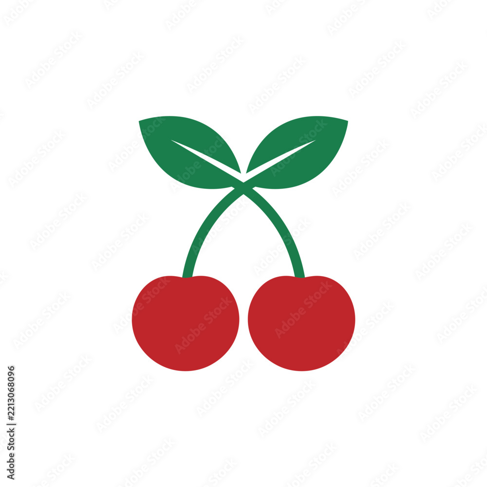 Obraz premium Vibrant and clean vector illustration of a pair of ripe red cherries with fresh green leaves, symbolizing natural sweetness and healthy eating for modern graphic design projects and digital interfaces