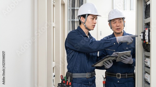 ビル電気設備の設備点検と配線確認を行う電気工事士の作業風景