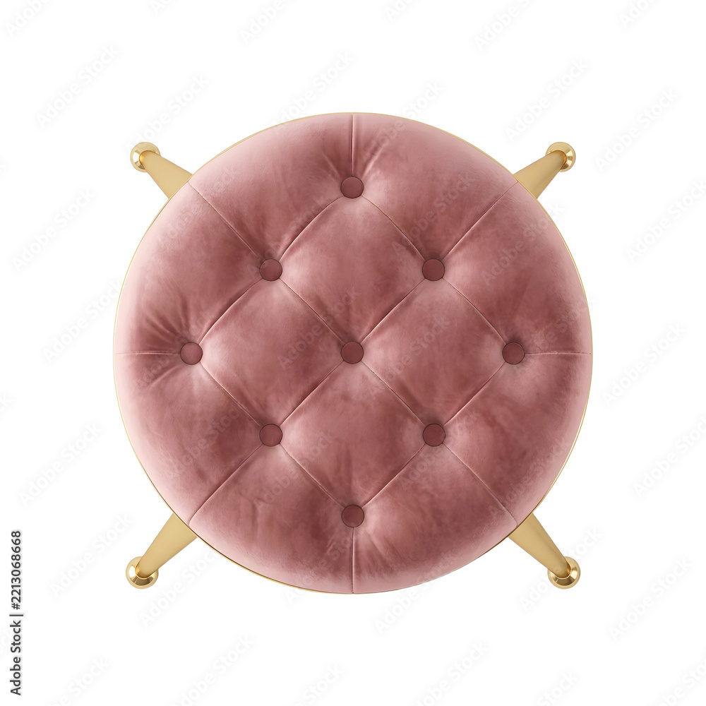 Obraz premium Elegant pink velvet tufted round dressing stool with gold legs seen from a top down view, modern luxury vanity ottoman isolated on a transparent background