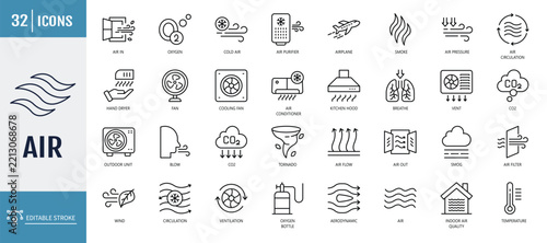 Air icon set. Including ventilation, air conditioner, fan, wind, blow, oxygen, breathe, CO2, pollution and more. Vector illustration with editable stroke