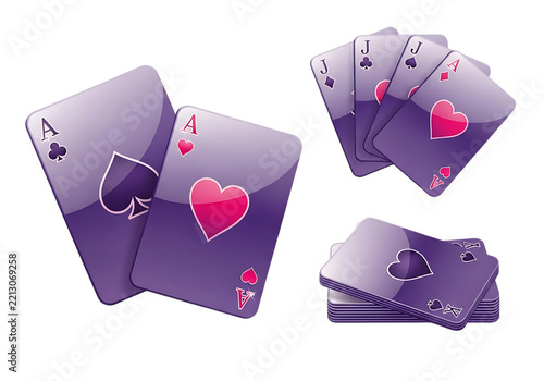 Four playing cards fanned out on a soft pastel background with red accents isolated on transparent background