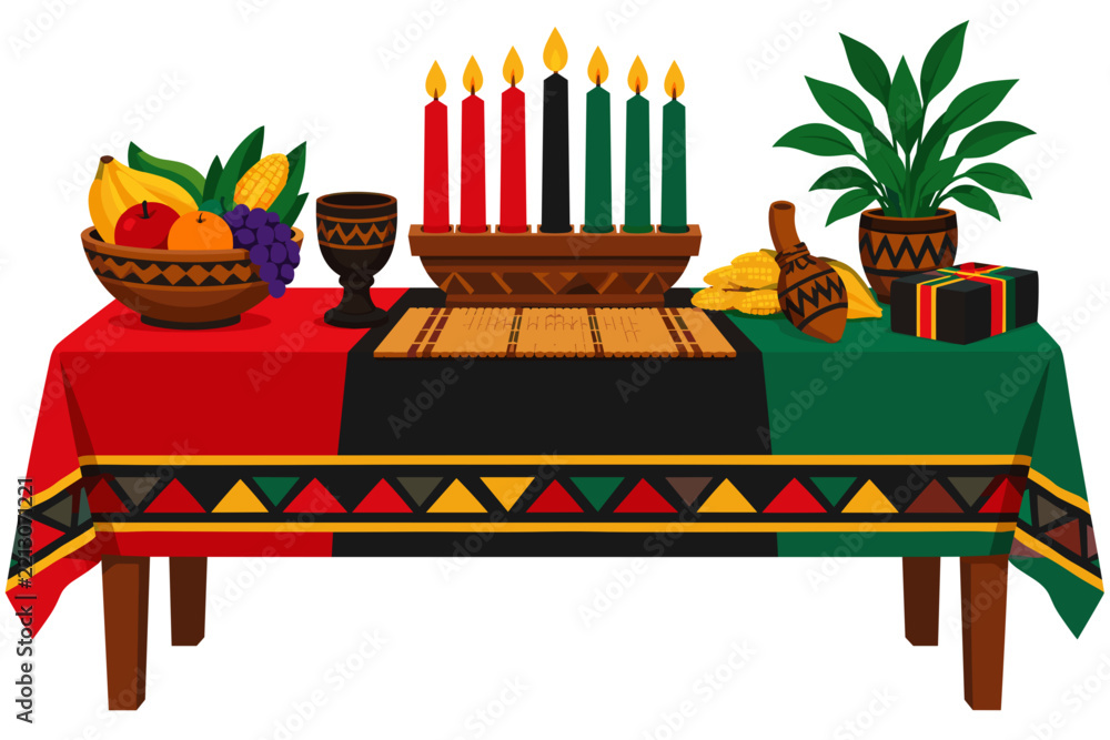 Fototapeta premium Kwanzaa table decorated with fruits, candles, and traditional items