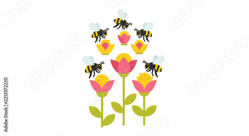 Stylized Bumblebees Pollinating Pink and Yellow Flowers, Minimalist Flat Design Vector Illustration on White Background for Spring and Nature Themes