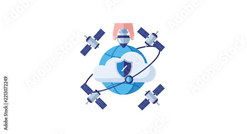 Global Satellite Network and Cloud Cybersecurity Illustration with Data Protection Shield