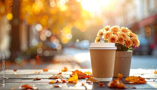 Paper coffee cup and potted flowers on outdoor table with autumn leaves in warm sunlight
