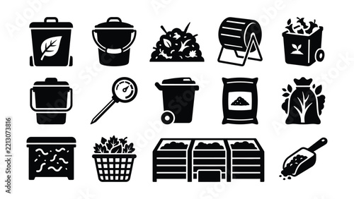 Set of composting gardening and recycling icons with transparent background