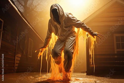 Halloween Scene With a Spooky Figure and Glowing Orange Ooze Generative AI