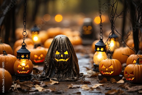 Halloween Scene With Ghost Figure and Jack O Lanterns in the Woods Generative AI