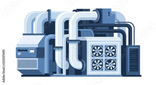 Industrial HVAC Cooling System Illustration with Pipes, Fans and Server Racks in Flat Vector Style