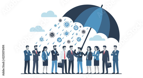 Business Team Shielded by Large Umbrella from Virus Pandemic and Health Risks, Corporate Safety and Crisis Management Concept