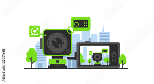 Smart City Surveillance and Urban Monitoring Concept Illustration with Digital Security Cameras and Skyline Background