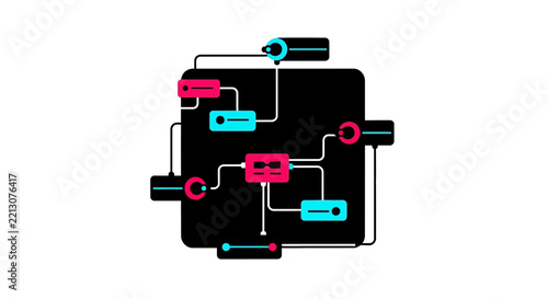 Abstract Data Flowchart Diagram on Black Background - Flat Vector Illustration of Network System Architecture and Connectivity Logic