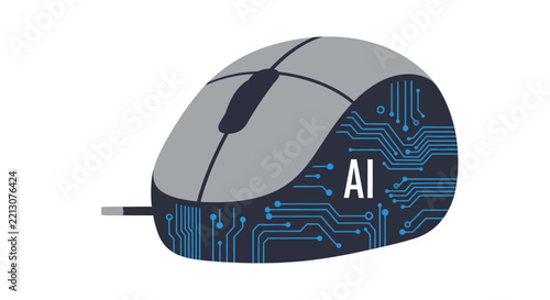 AI Powered Computer Mouse with Digital Circuit Board Pattern, Futuristic Artificial Intelligence Concept Vector Illustration