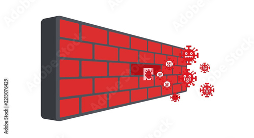 Cybersecurity Breach Concept with Computer Viruses Penetrating a Firewall Brick Wall Illustration